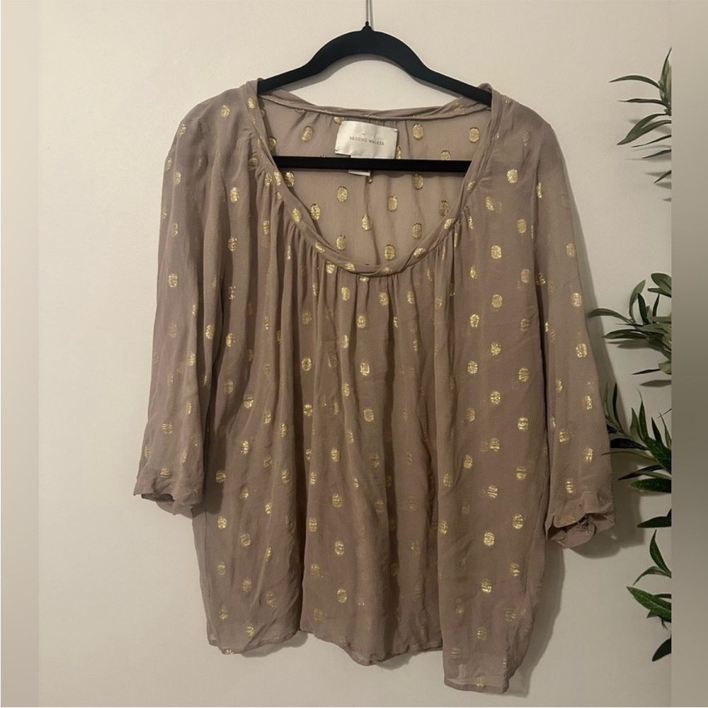 Brochu Walker Sz L Polka‎ Dot SILK Taupe and Gold Blouse
